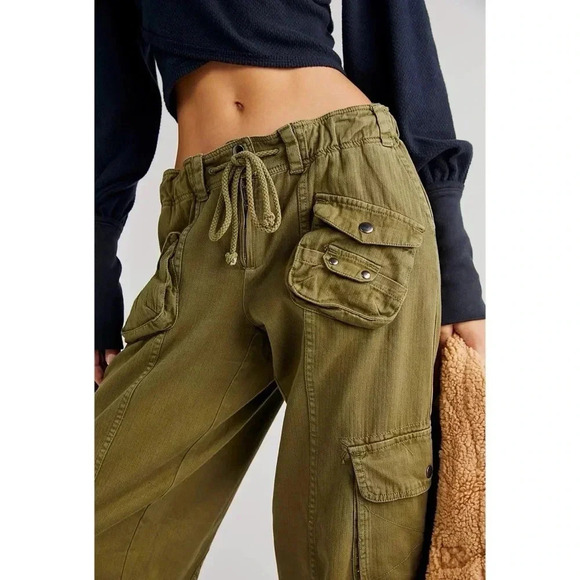 New Free People Tahiti Cargo Pants Utility Low Rise Jeans Dried Herb Green Small - Picture 3 of 13